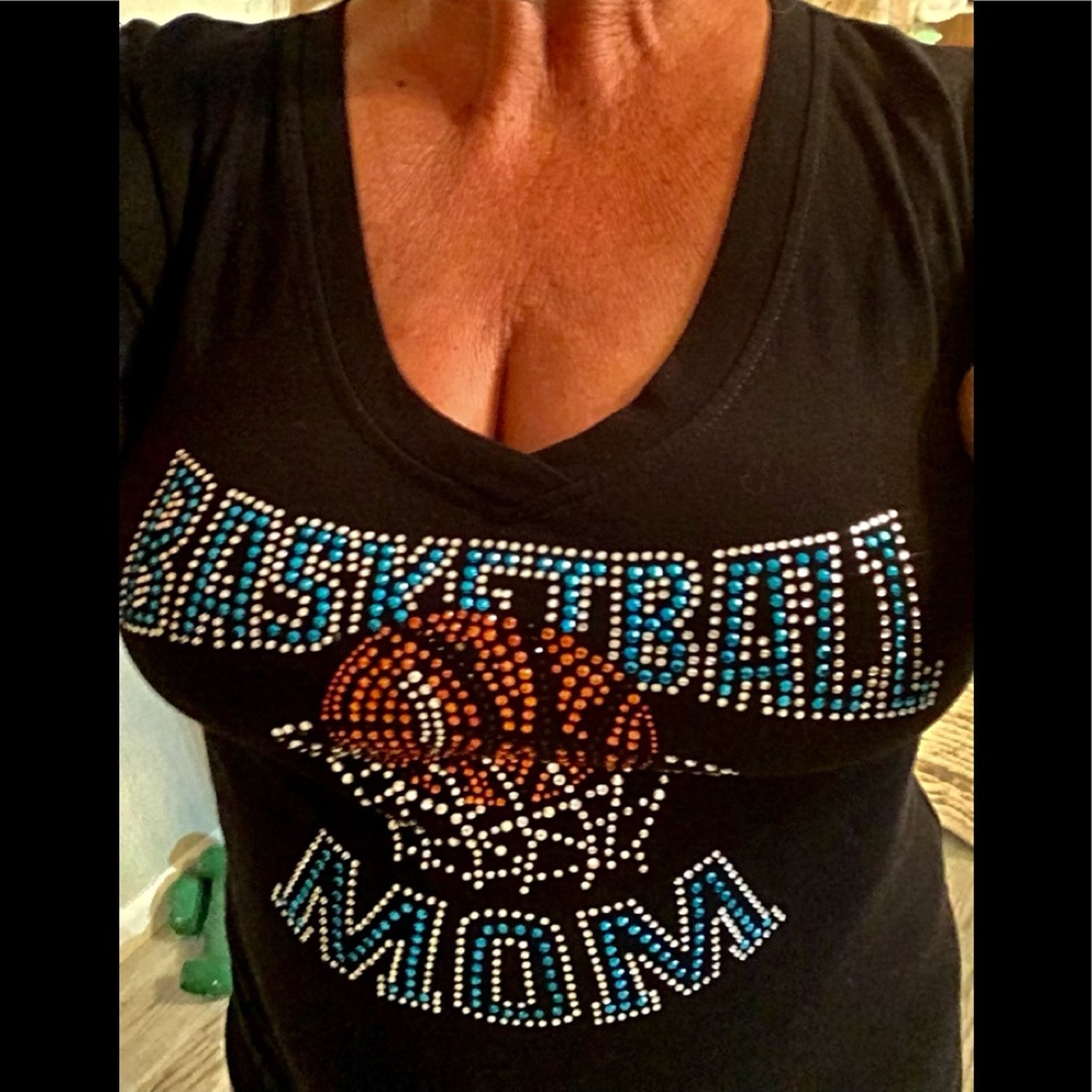 Basket Ball Tee shirt black with stones stretchy L-XL black orange…🏀🏀